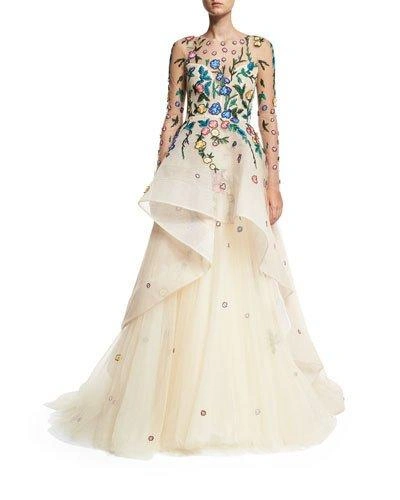 Monique Lhuillier Floral-embroidered Tiered Illusion Gown In Multi Pattern