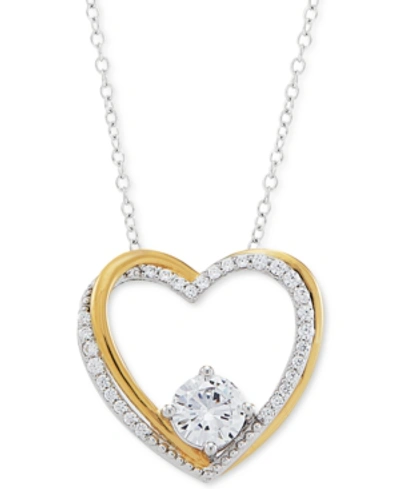 Macy's Cubic Zirconia Heart 18" Pendant Necklace In Sterling Silver & 14k Gold-plate