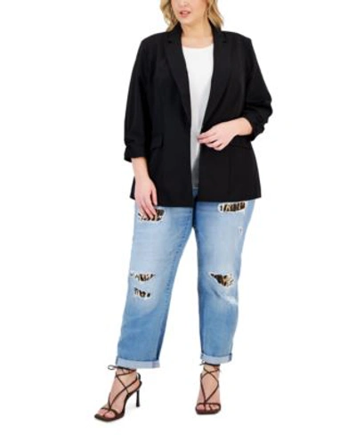 Inc International Concepts Plus Size Rip Repair Boyfriend Jeans Plus Size Ribbed Crewneck T Shirt Plus Size 3 4 Sleeve Blazer C In Deep Black