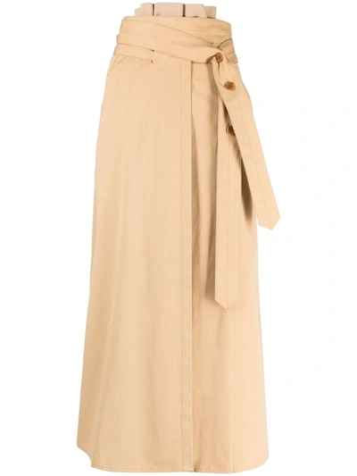 Lemaire Belted Contrast Insert Midi Trench Skirt In Beige