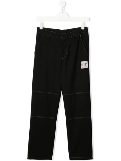 N°21 Kids' Contrast-stitch Straight-leg Trousers In Black