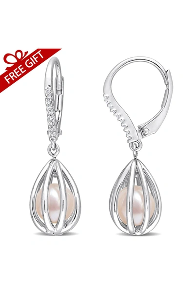 Delmar Sterling Silver Diamond & 7-7.5mm Freshwater Cultured Pearl Leverback Earrings In White