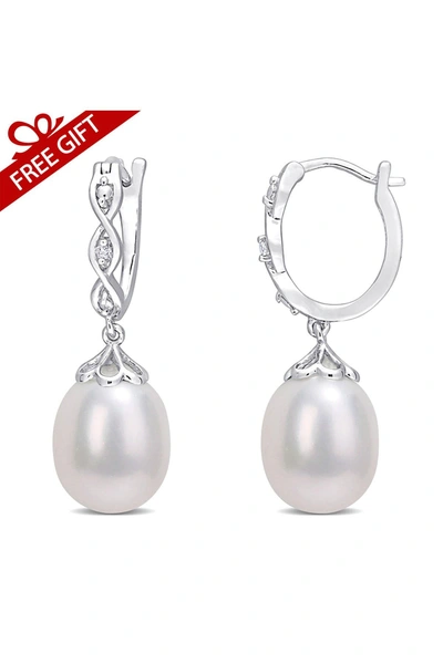 Delmar Sterling Silver 8–8.5mm Cultured Freshwater Pearl & Diamond Drop Huggie Hoop Earrings In White