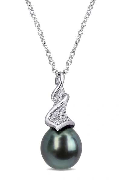 Delmar Sterling Silver Diamond & 9-9.5mm Black Tahitian Cultured Pearl Twist Drop Pendant