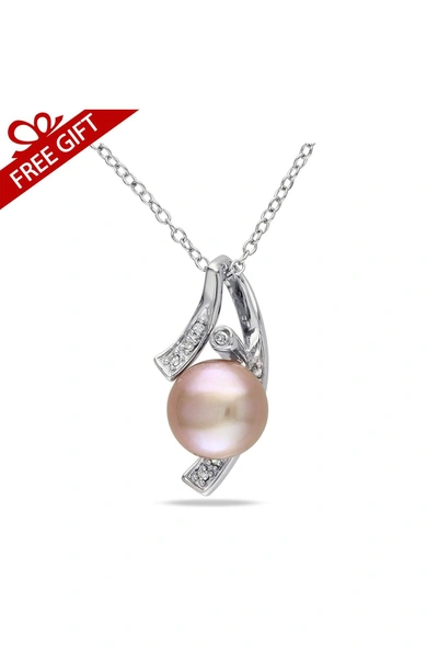 Delmar Sterling Silver 9–9.5mm Pink Cultured Freshwater Pearl & Diamond Pendant Necklace