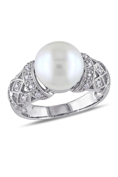 Delmar Sterling Silver 9–9.5mm White Cultured Freshwater Pearl & Diamond Ring