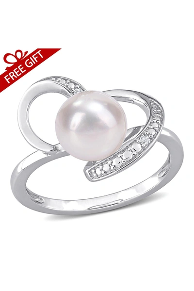 Delmar Sterling Silver 8–8.5mm Cultured Freshwater Pearl & Diamond Swirl Ring In White