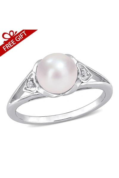 Delmar Sterling Silver 7–7.5mm Cultured Freshwater Pearl & Diamond Ring In White
