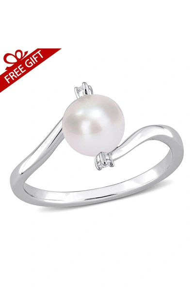 Delmar Sterling Silver 7–7.5mm Cultured Freshwater Pearl & Lab Created White Sapphire Ring
