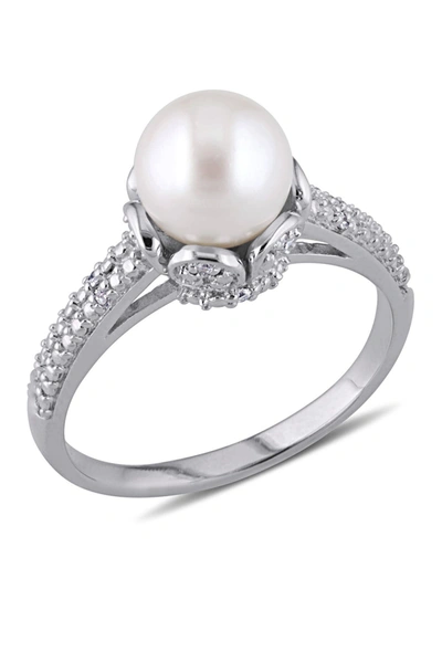 Delmar Sterling Silver 8-8.5mm Cultured Freshwater Pearl & Diamond Ring In White