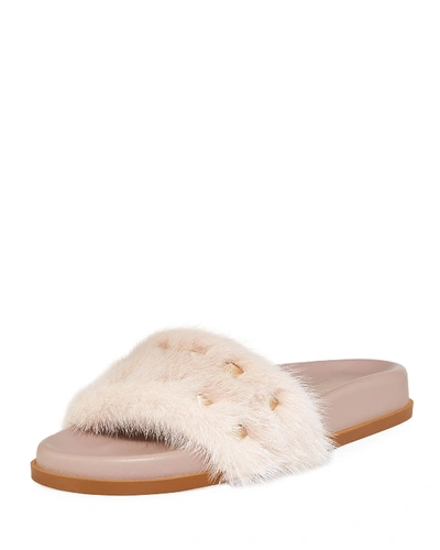 Valentino Garavani Rockstud Flat Fur Slide Sandals In Vapeur