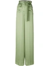 Valentino Belted Wide Leg Silk Satin Pants In Light Green