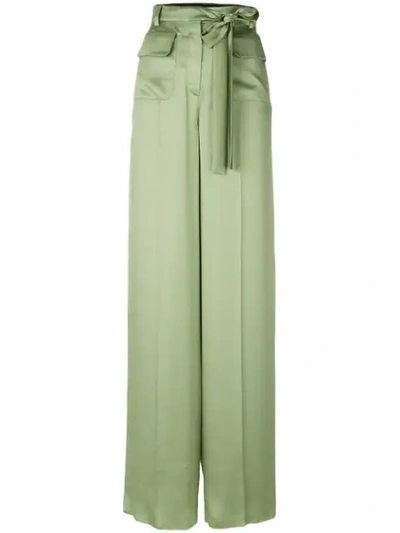 Valentino Belted Wide Leg Silk Satin Pants In Light Green