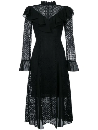 Temperley London Prairie Ruffled Chiffon-trimmed Guipure Lace Midi Dress In Black