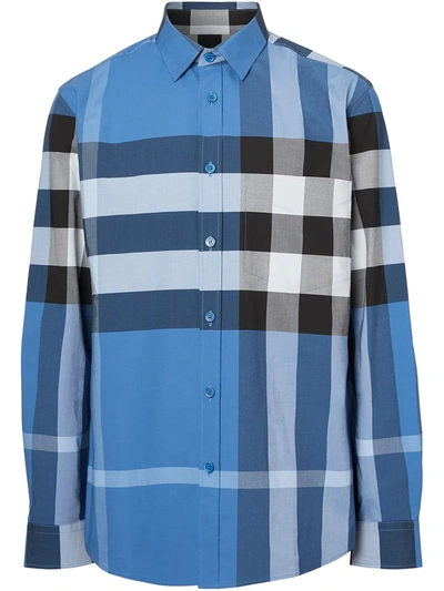 Burberry Somerton Stretch Cotton Poplin Shirt In Blue