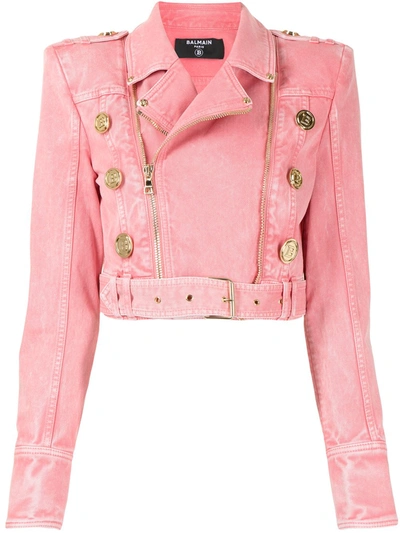 Balmain Cropped Acid Wash Denim Biker Jacket - 4kh Rose Moyen - Size 38 In Pink