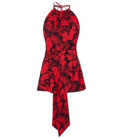 Saint Laurent 印花绉纱挂脖连身短裤 In Red