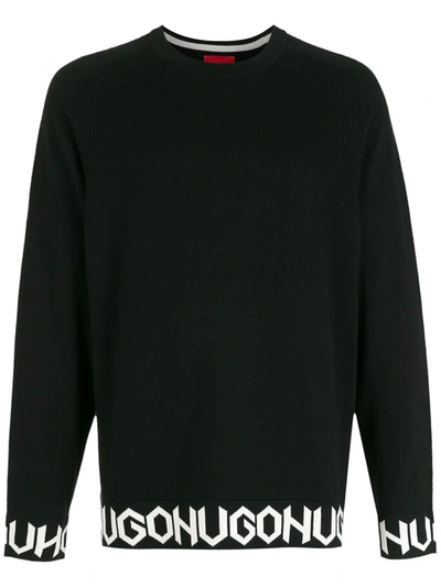 Hugo Oversized-fit Cotton-blend Sweater With Logo Hemline In Black