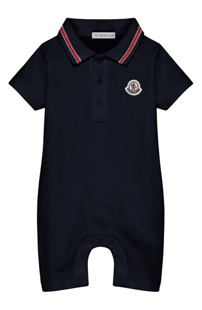 Moncler Babies' Logo Patch Piqué Polo Romper In Navy
