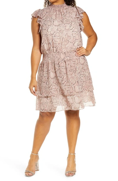 1.state Plus Size Smocked Printed Flutter-sleeve Dress In Silky Snake