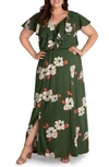 Kiyonna Willow Crepe Maxi Dress In Olive Flowers
