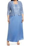 Alex Evenings Alex Evening A-line Gown & Lace Jacket In Antique Blue