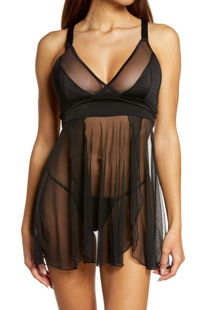 Coquette Caged Back Mesh Babydoll Chemise & G-string Thong In Black