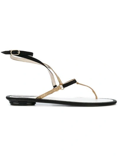 René Caovilla Embellished Leather Thong Sandals - Black