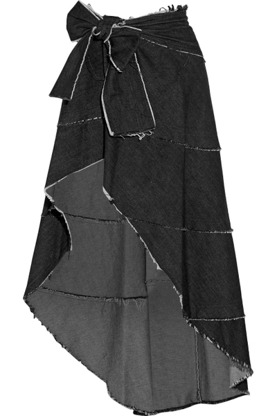 Norma Kamali Asymmetric Frayed Denim Wrap Maxi Skirt