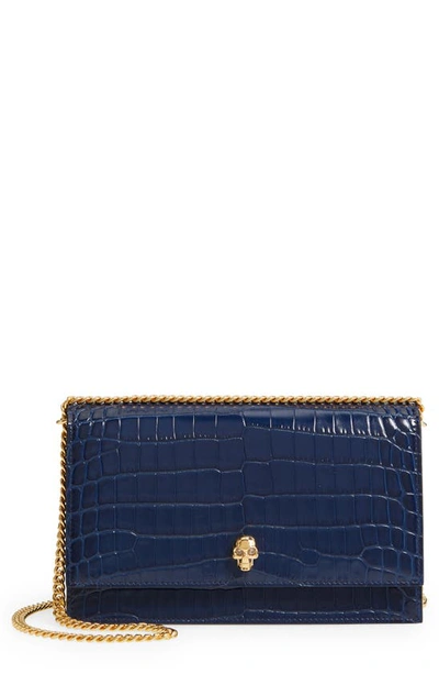 Alexander Mcqueen Skull Croc Embossed Leather Shoulder Bag In Navy