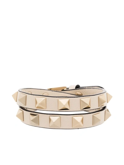 Valentino Garavani Neutral Rockstud Leather Wrap Bracelet In White