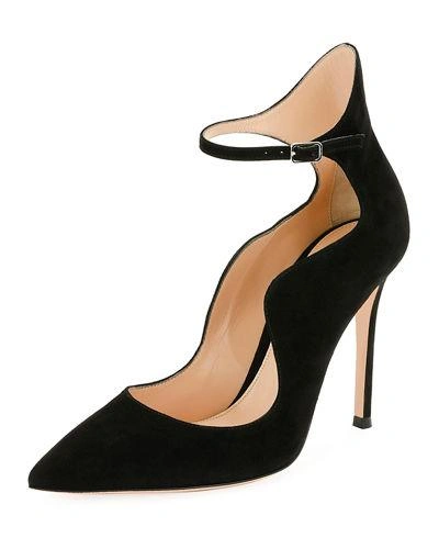 Gianvito Rossi Scalloped Suede Ankle-wrap Pump In Black