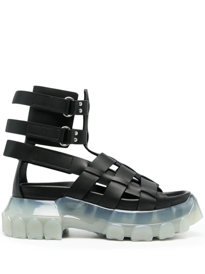 Rick Owens Leather Hiking Tractor Gladiator Sandals In Black
