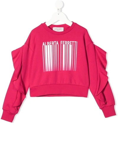 Alberta Ferretti Kids' Ruffle-sleeve Logo-print Sweatshirt In Pink