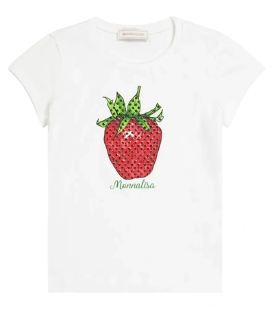 Monnalisa Kids' Strawberry Print Cotton Jersey T-shirt In Bianco