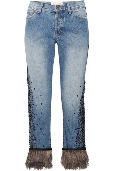 Johanna Ortiz Petra Feather-trimmed Embellished Boyfriend Jeans In Washed Blue