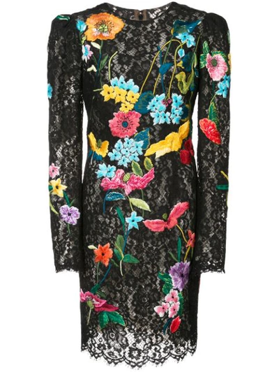 Monique Lhuillier Floral-embroidered Long-sleeve Lace Cocktail Dress In Noir
