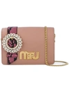 Miu Miu My Miu Embellished Watersnake-trimmed Textured-leather Shoulder Bag In Pink