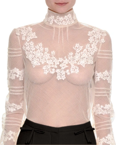 Valentino Floral-embroidered Sheer Turtleneck Top In Ivory