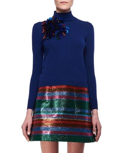 Delpozo Embellished Mock-neck Merino Wool Sweater In Dark Blue