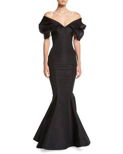 Zac Posen Puff-sleeve Silk Mermaid Gown In Black