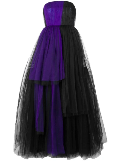 Delpozo Strapless Tiered Silk-blend Tulle Gown In Black Purple