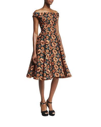 Zac Posen Off-the-shoulder Embroidered Floral Dress, Black/burnt Orange