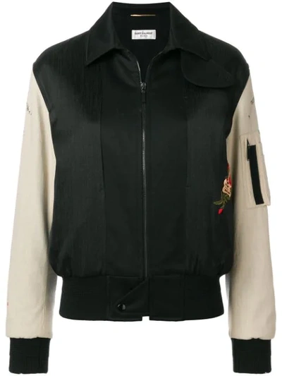 Saint Laurent Cotton Embroidered Varsity Jacket In Nerobeige