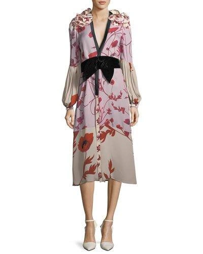 Johanna Ortiz Bellfolia Poppy-print Silk Kimono With Velvet Belt In Red
