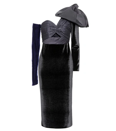 Johanna Ortiz Malagueña One-shoulder Bow-embellished Satin And Velvet Dress In Black