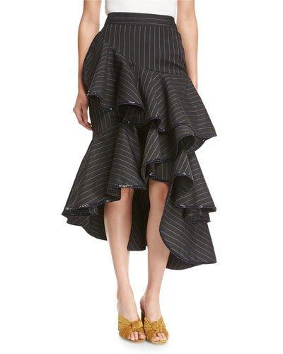 Johanna Ortiz Beduina Pinstripe Wool Flounce Skirt