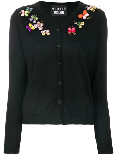 Boutique Moschino Wool Cardigan W/ Crystal Butterfly Embellishments In Black