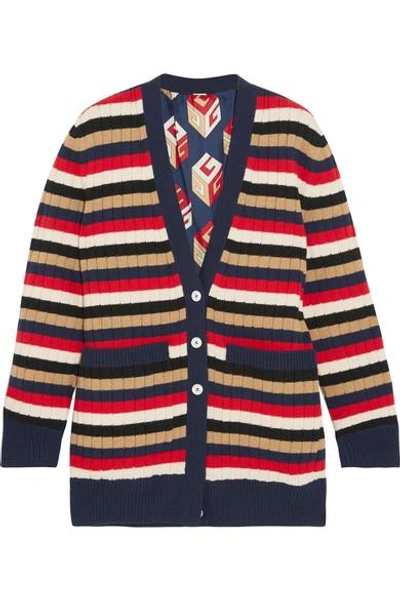 Gucci Reversible Striped Wool And Printed Silk-satin Cardigan In Navy