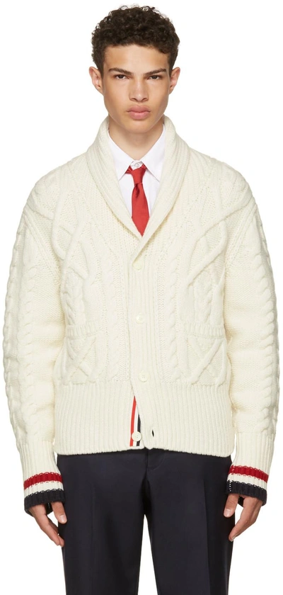 Thom Browne Shawl Collar Cardigan With Aran Cable In Fine Merino Wool And Red, White And Blue Cuff Stripe In White 100